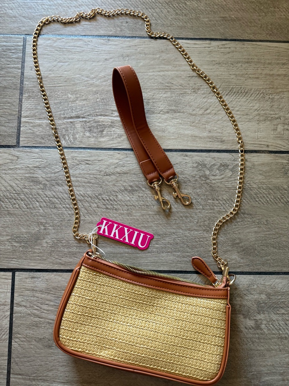 Straw Crossbody Bag with Gold Chain - Tan Trim